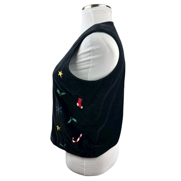 Talbots Christmas Themed Black Velvet Lined Button Up Vest Holiday Print Large - Picture 9 of 14